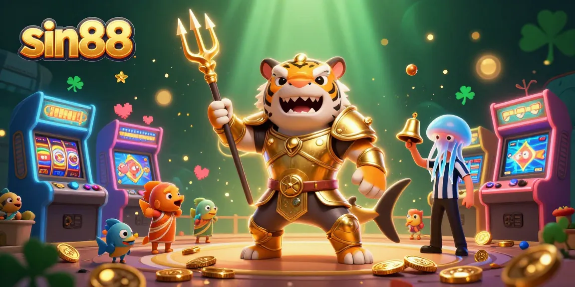 Experience the thrill of sin88 with a golden-armored tiger shark in a vibrant casino scene.