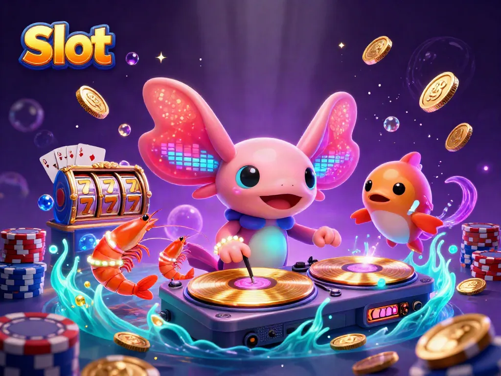 Menghentakkan Slot dengan DJ axolotl neon dan karakter berwarna-warni dalam dunia kasino bawah laut.