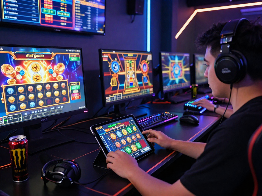 Engaging online gaming scene showcasing 'slot gacor' with colorful screens, gaming gear, and vibrant atmosphere.