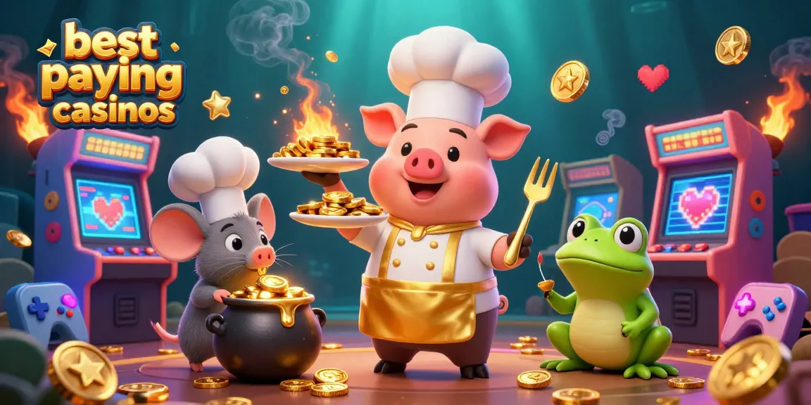 Experience the excitement of the best paying online casinos with a chef pig serving gold coins in a vibrant casino scene.