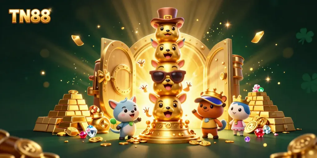 Experience excitement with TN88 as a golden totem pole embodies vibrant casino energy.