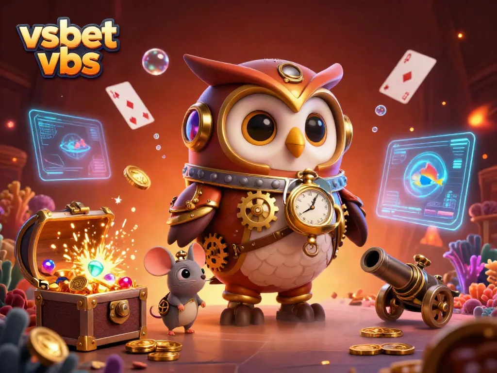 Experience the excitement of vsbet vbs with a vibrant cartoon illustration featuring a time-traveling owl and a clockwork mouse in a casino setting.