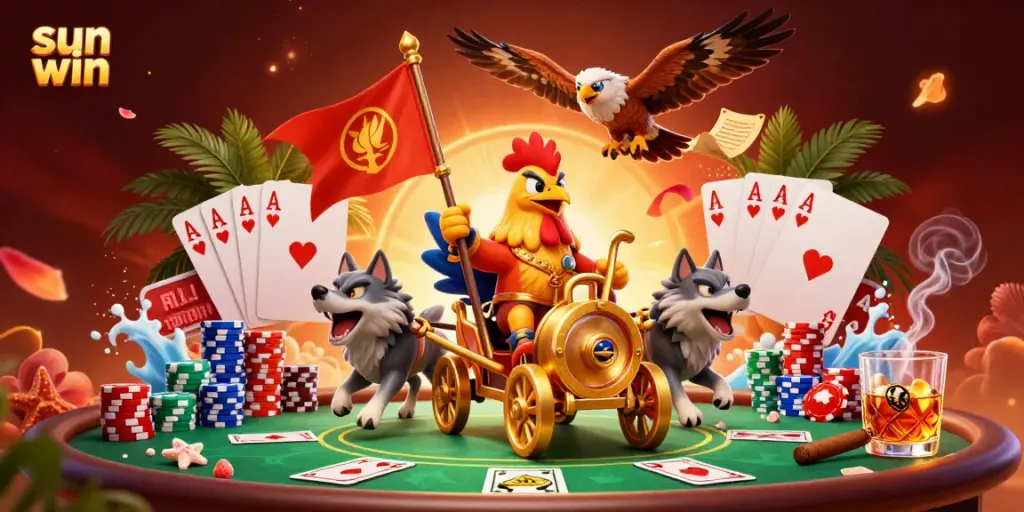 Experience the thrilling sun win gaming atmosphere with a rooster warlord leading a vibrant poker scene.