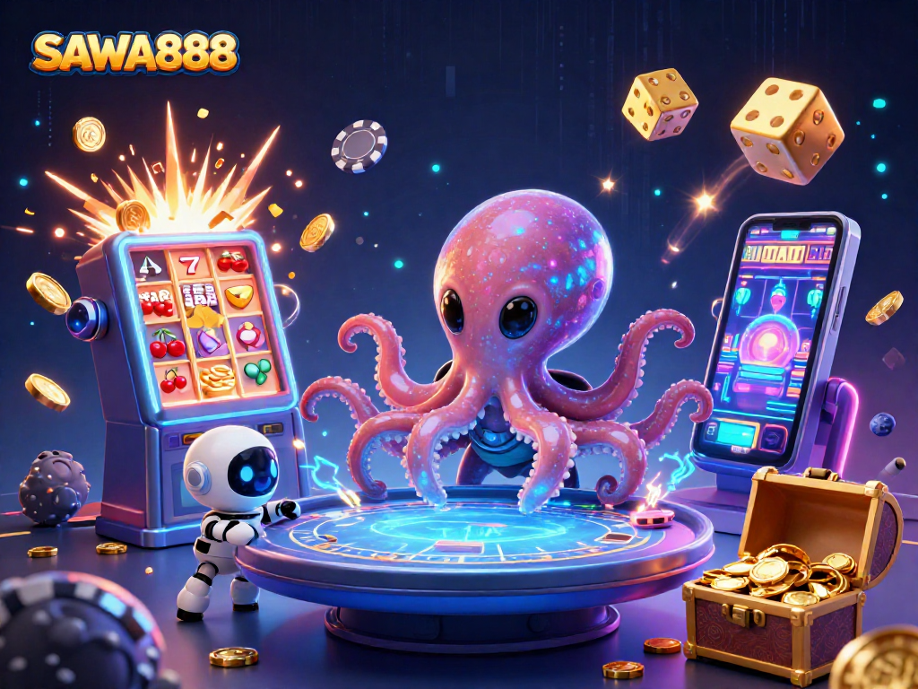 SAWA888 showcases a captivating alien octopus at a holographic table surrounded by thrilling casino elements.