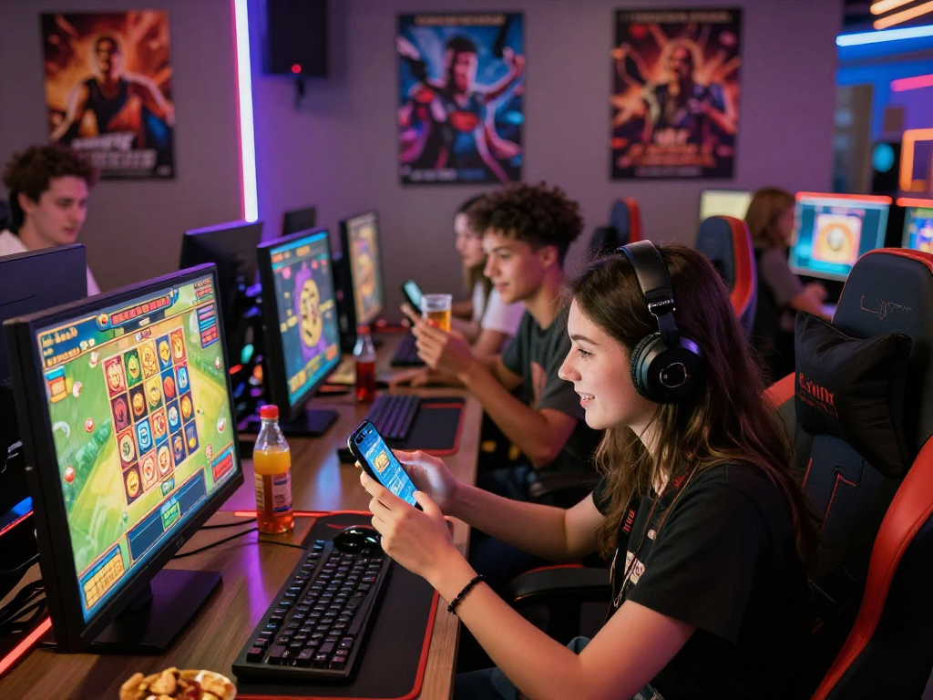Exciting gacor online slot gaming experience in a lively digital lounge with diverse players.