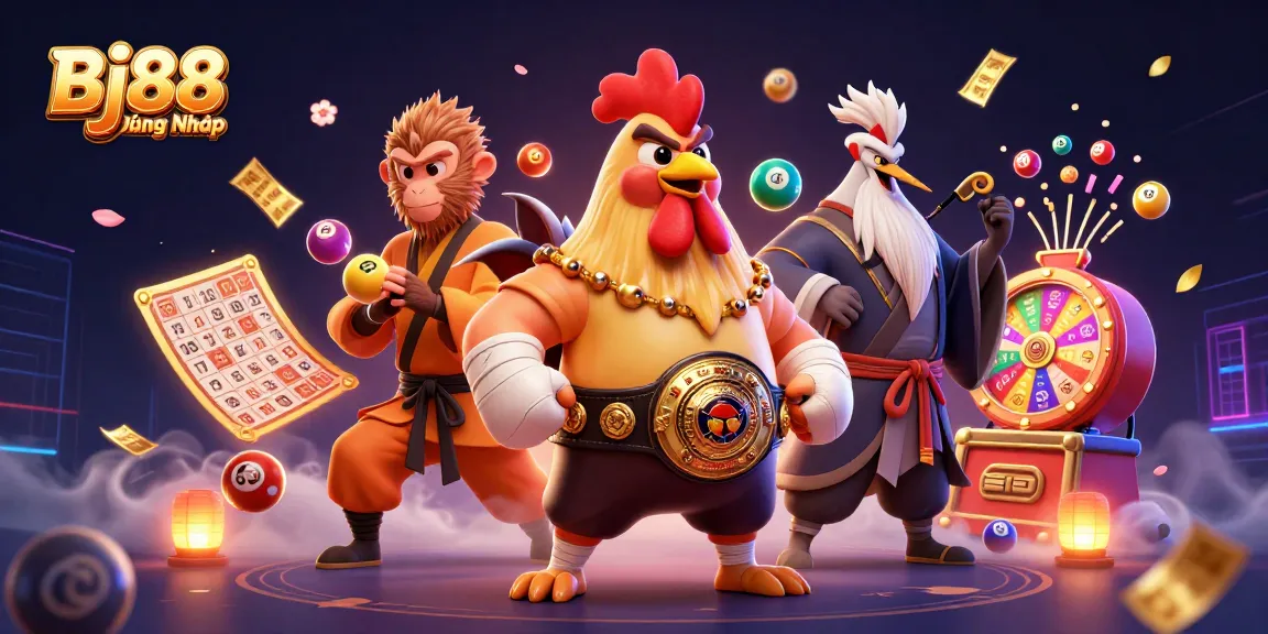 Bj88 Đăng Nhập brings thrilling adventures with a cartoon rooster, monkey, and crane among vibrant gambling elements.