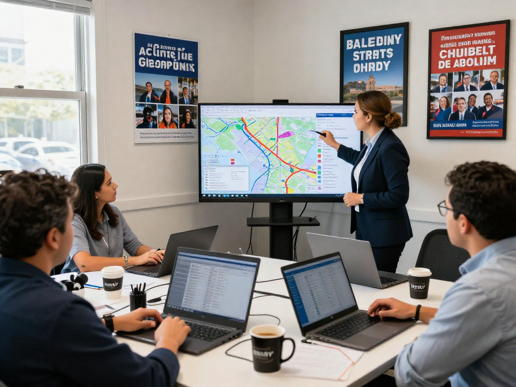 Engaged political team analyzing programmatic ads for campaigns in a dynamic office.