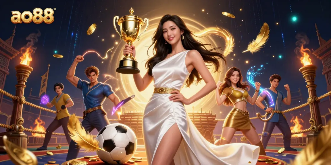 Celebrate your wins at ao88 with a victorious woman holding a trophy amidst a vibrant sports betting scene.