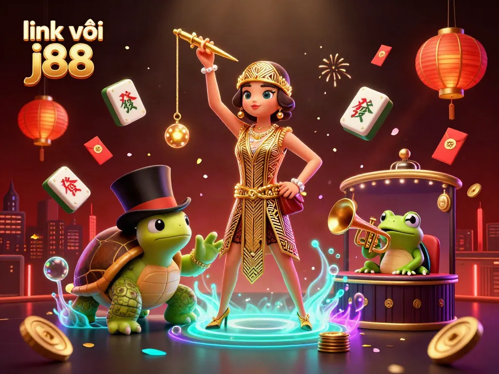 Engage with the vibrant scene featuring link vào j88 amidst festive gaming elements and colorful characters.