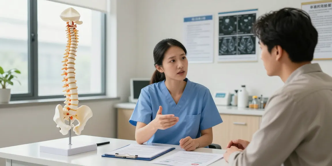 Dar kanal ameliyatı consultation with a surgeon explaining spinal health to a patient in a modern clinic.