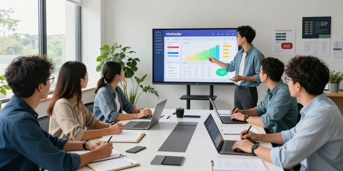 Team collaborating in a modern office using rtischeduler for project management strategies.