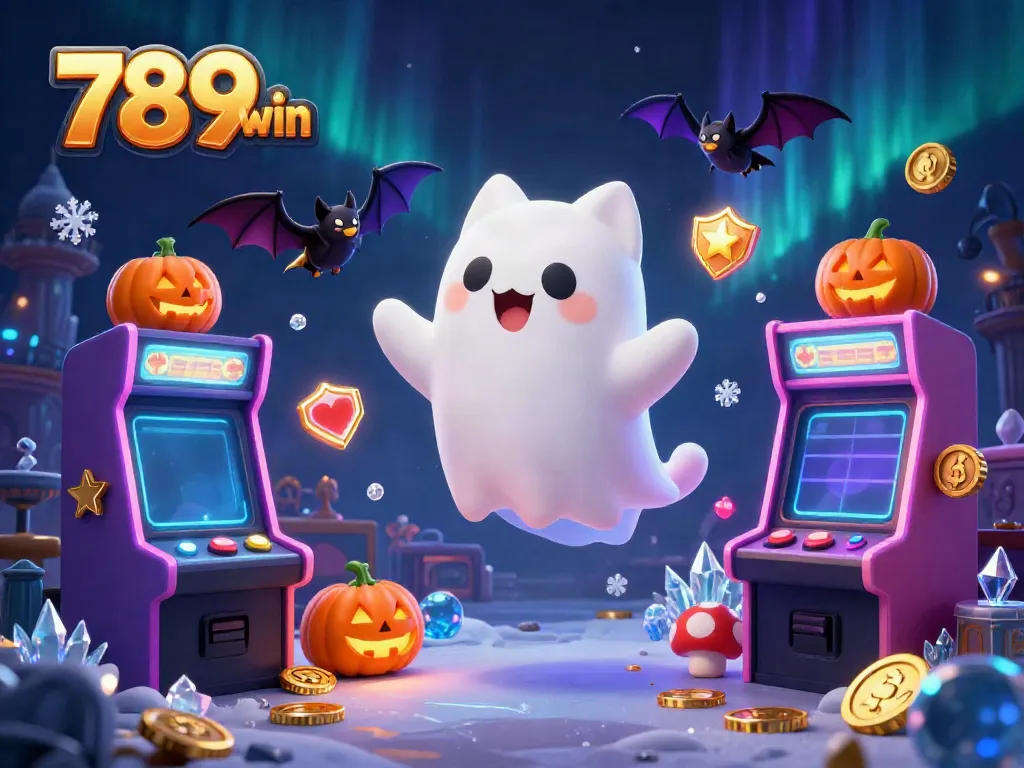 Engage in thrilling games at 789win with a ghost cat and vampire bat in a haunted casino setting.