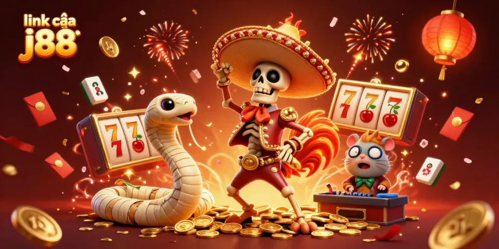 Experience the excitement of link vào j88 with vibrant characters celebrating amidst golden casino symbols.