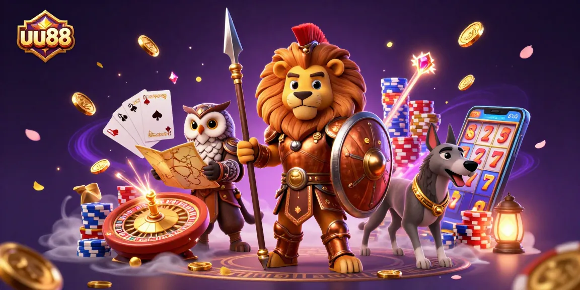 Join the excitement at uu88 with a dynamic 3D casino scene featuring thrilling games and vibrant characters.