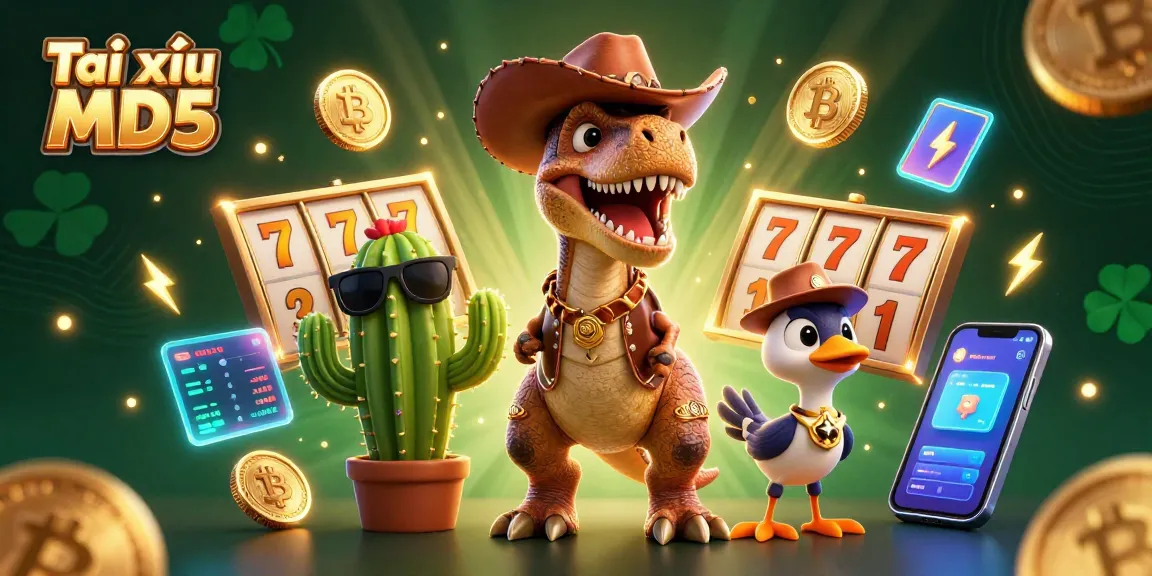 Experience the excitement of Tài xỉu MD5 with a cartoon dinosaur and slot machine elements.