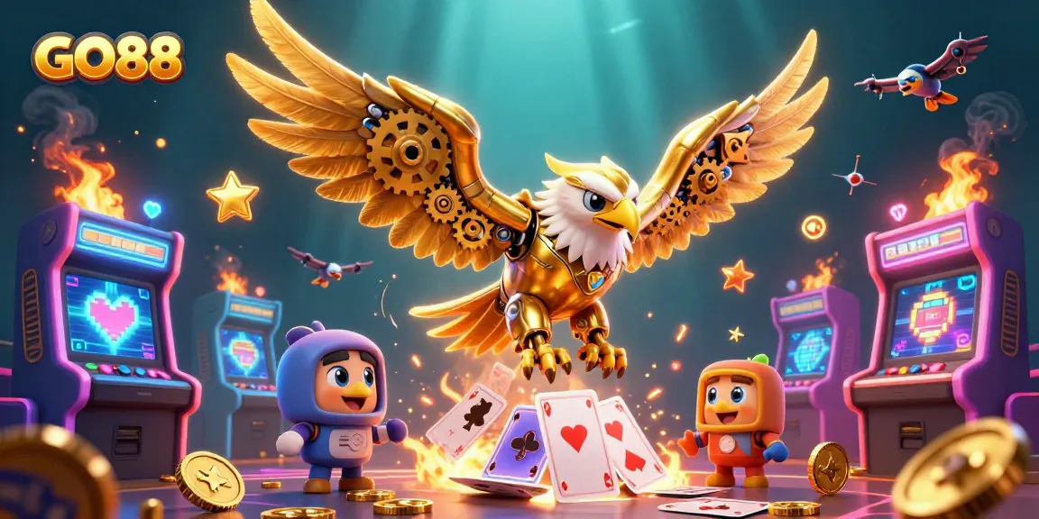 Engage with GO88's exciting gameplay as the cybernetic eagle soars through vibrant digital casino elements.