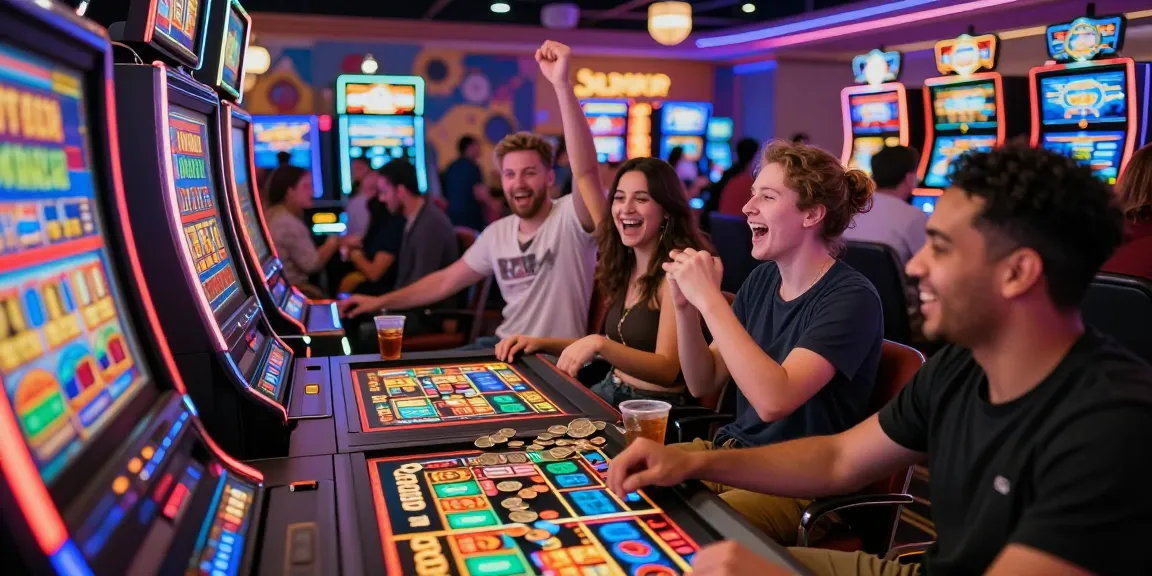 Suasana kasino penuh warna dengan pemain slot gacor merayakan kemenangan di mesin slot.